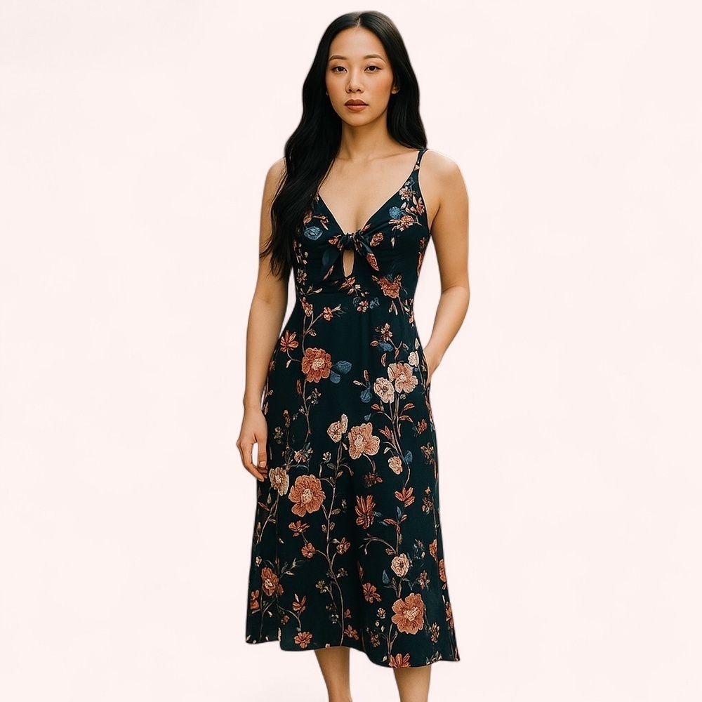 Gently Used Forest Green Floral Slip Dress Keyhole with Tie Front Size M Leg